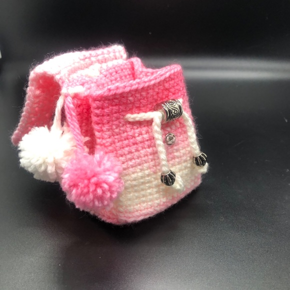 Bubblegum Pink & White Crochet Mini Backpack Keychain w/ Pom Poms, Heart Button - Picture 4 of 14